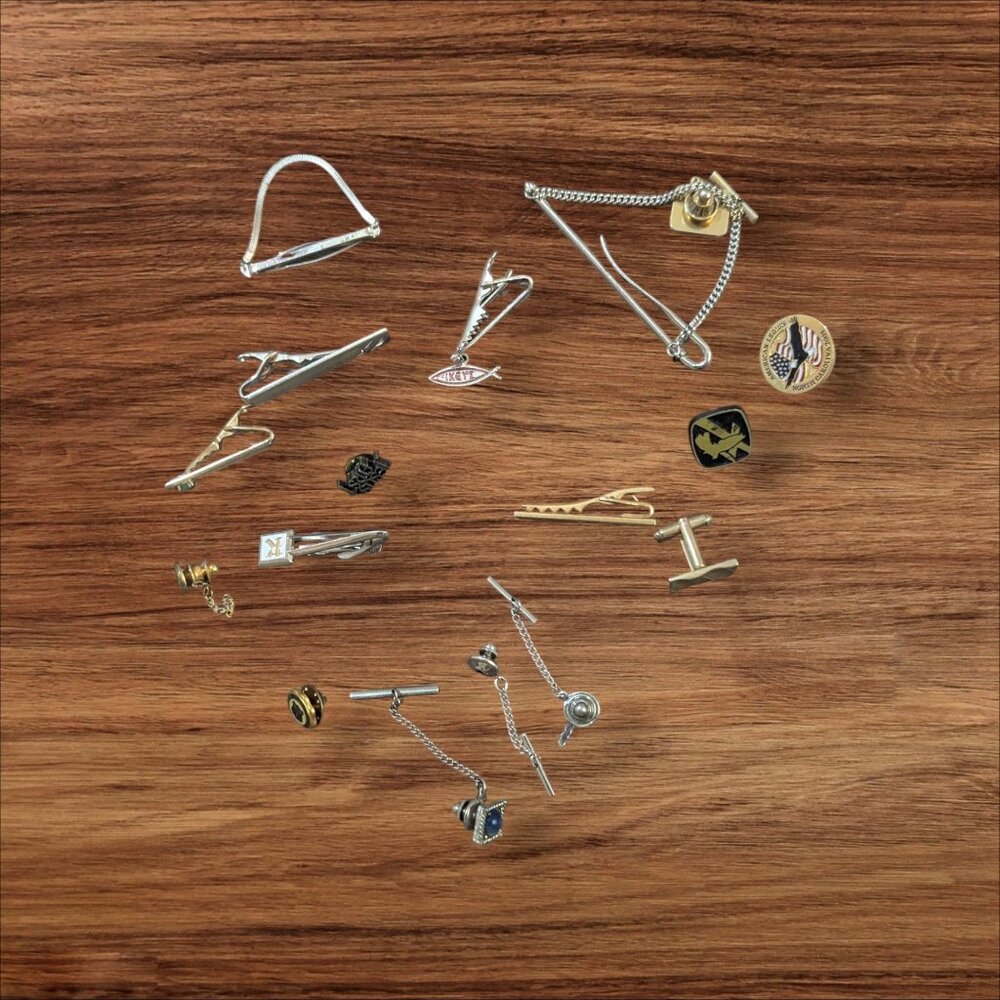 Vintage Tie Clips & Lapel Pins Lot Mixed Metals Unique Designs Cufflinks Accents